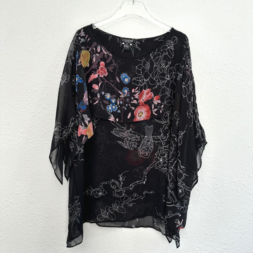 Citron Santa Monica Silk Blouse Womens 2X Black Bird Floral Layered Lagenlook
